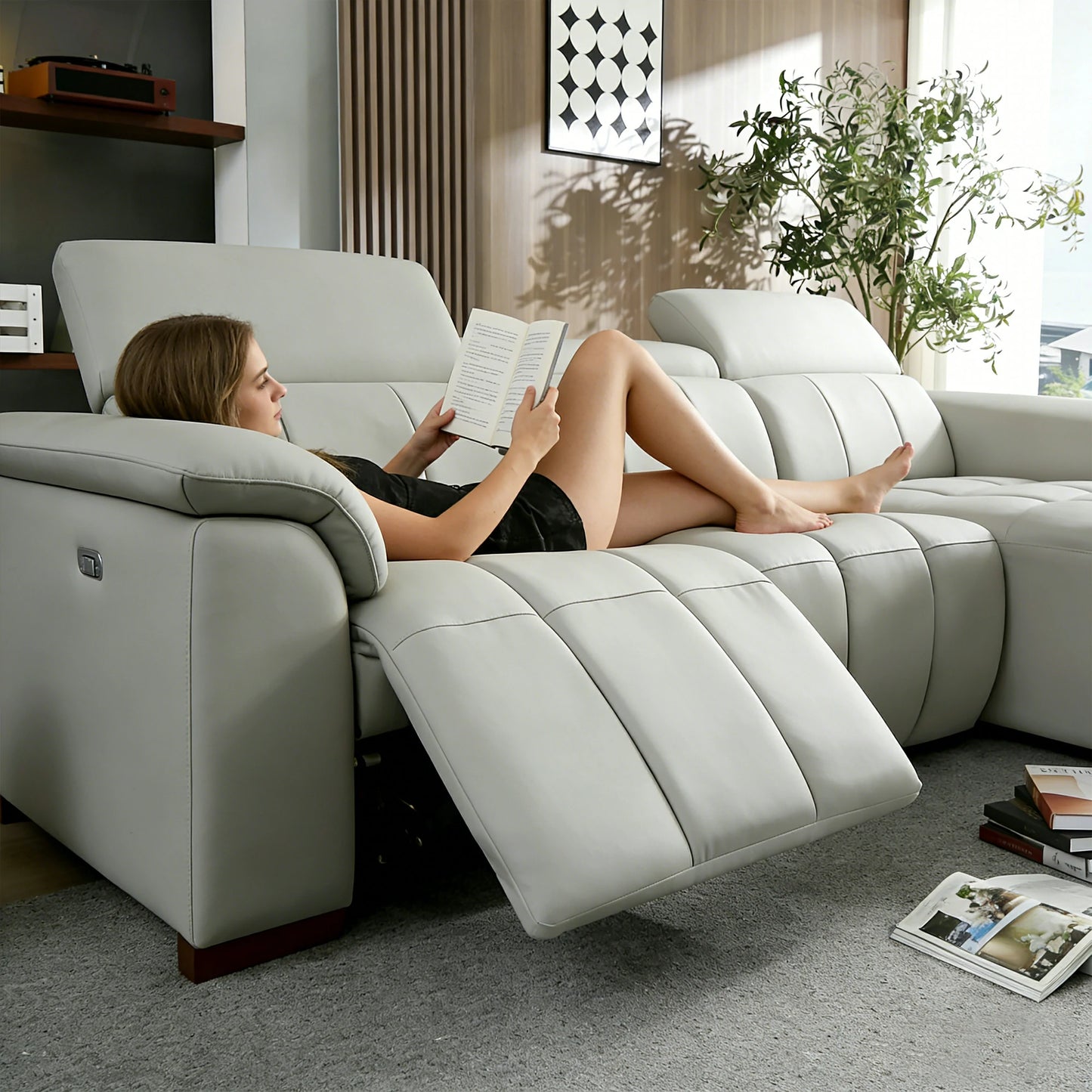 113"Piano Key 3 Seat Modern Electric Control Genuine Leather L Shaped Couch Built-In USB