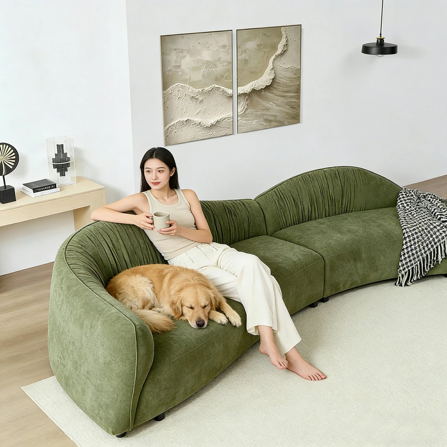 145" Mountain Mid-Century Green Upholstered Couch with Chaise