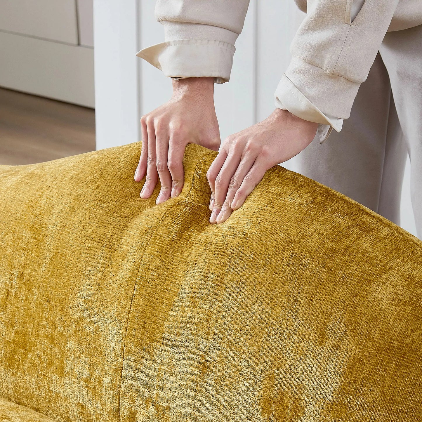 113.78" Mid-Century Chaise Sofa – Right Facing, Upholstered, Yellow