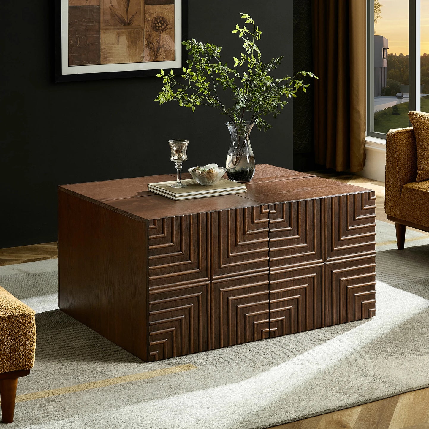 Wooden Side Cabinet – Geometric Embossed Relief, 2 Drawers