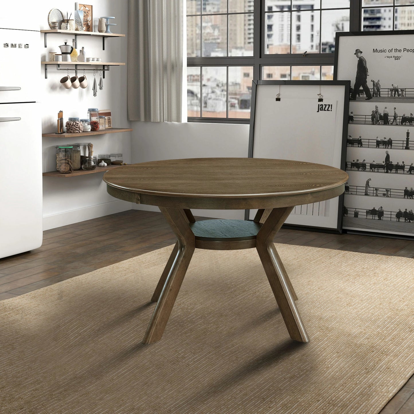 47.24" Round Rubber Wood Dining Table – Trestle Base, Seats 4-6