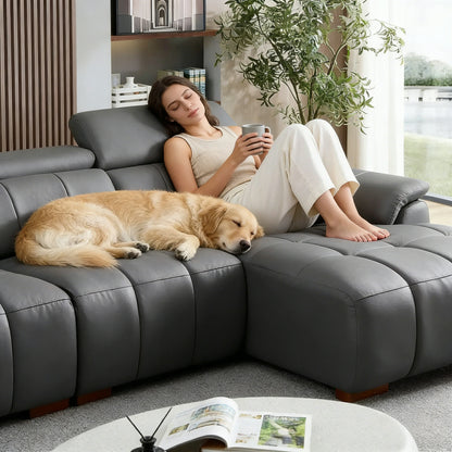 113" Electric Right-Facing L-Shaped Leather Recliner with USB Port