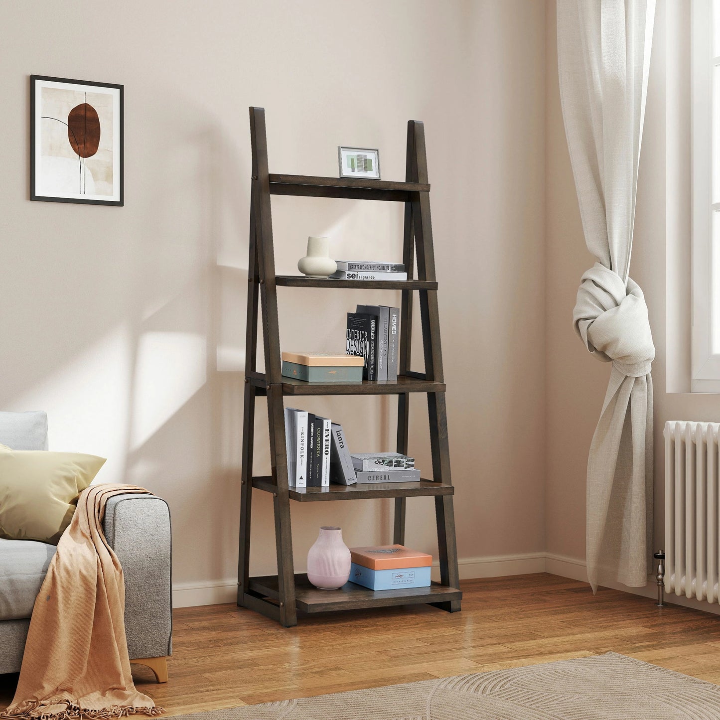 Rubber Wood Ladder Shelf - 5-Tier Bookcase for Multi-Room Use