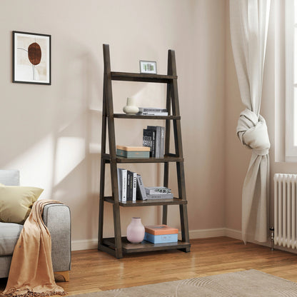 Rubber Wood Ladder Shelf - 5-Tier Bookcase for Multi-Room Use