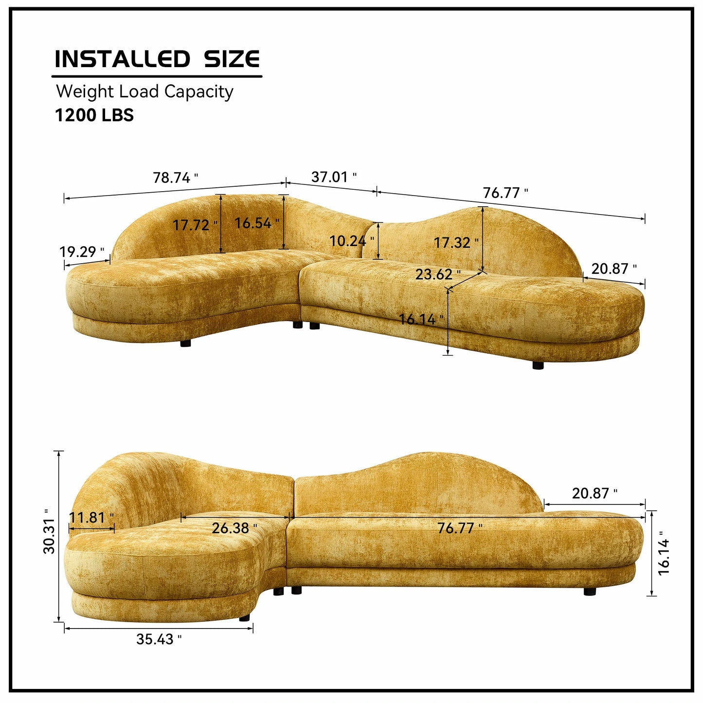 113.78" Mid-Century Chaise Sofa – Right Facing, Upholstered, Yellow