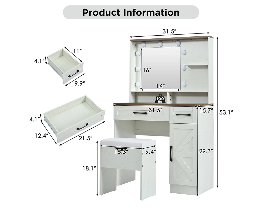 31.50“ Farmhouse Vanity Set w/ LED Mirror, Stool & Storage - White