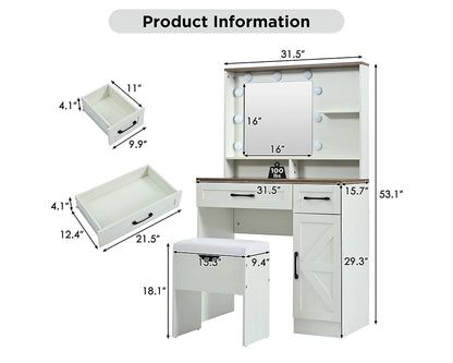 31.50“ Farmhouse Vanity Set w/ LED Mirror, Stool & Storage - White