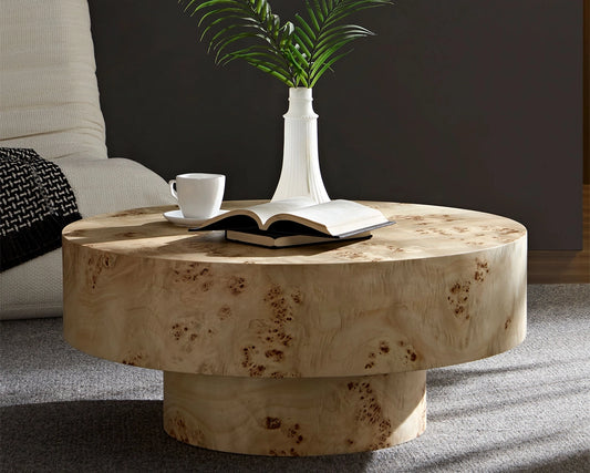 31.49''Mid Century Modern Round Wood Coffee Table with Burl Wood Veneer