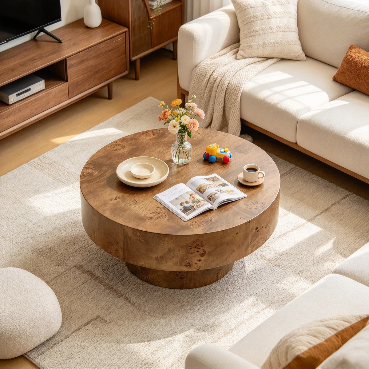31.5" Round Wood Coffee Table with Burl Wood Veneer