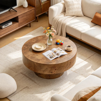 31.5" Round Wood Coffee Table with Burl Wood Veneer