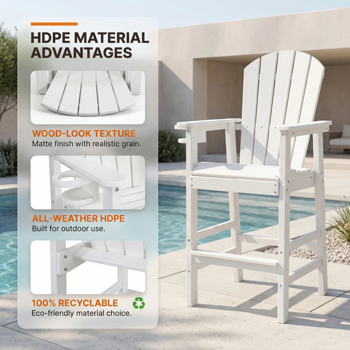 HDPE Bar Height Adirondack Chair – Cup Holder, UV/Weather Resistant