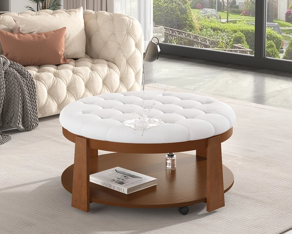 Modern Large Round Ottoman Coffee Table 2-Tier Oversized Button Tufted Ottoman