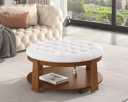 Modern Large Round Ottoman Coffee Table 2-Tier Oversized Button Tufted Ottoman