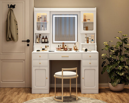 Large Vanity Table Set with Mirror, 6 Drawers & Shelves