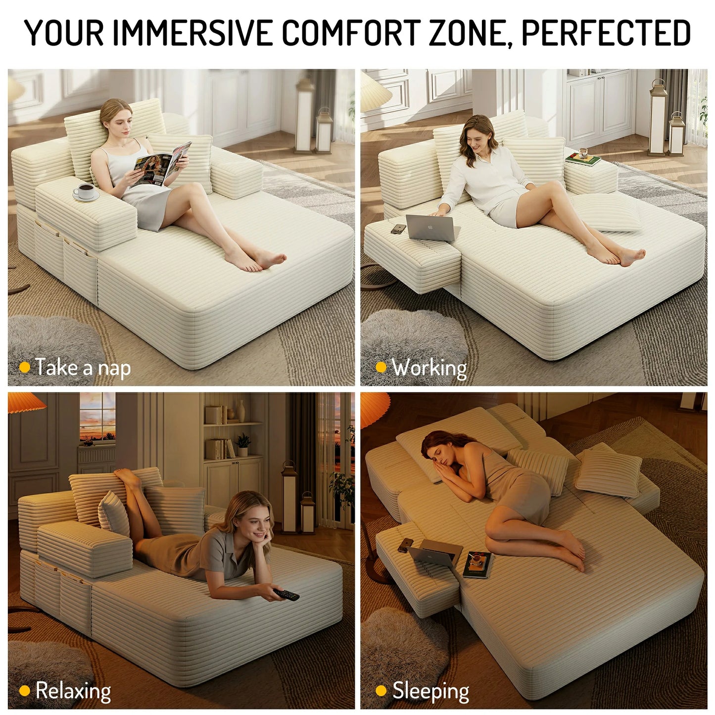 Plush Corduroy Chaise Lounge – Convertible Sofa Bed, Frameless
