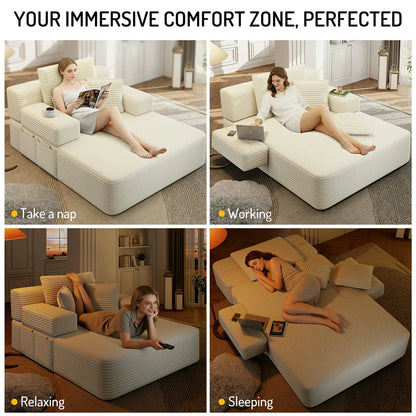 Plush Corduroy Chaise Lounge – Convertible Sofa Bed, Frameless