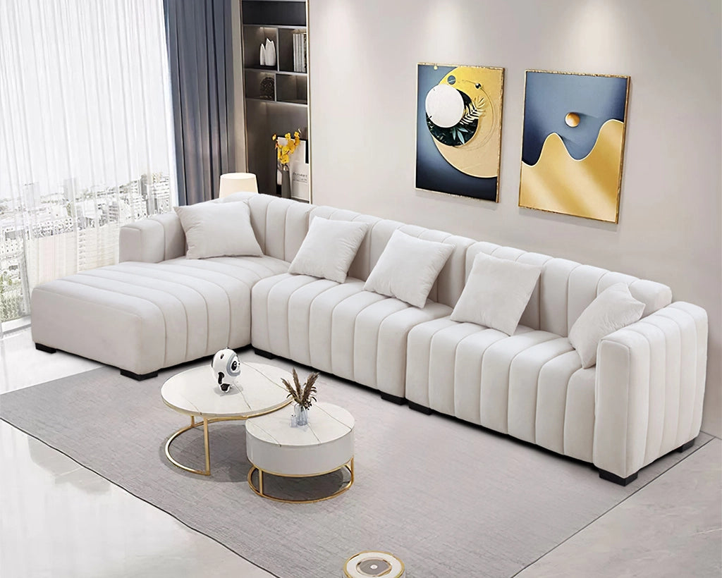 139'' Channel Tufted Sofa Velvet Upholstered Left Chaise Modular Sofa beige