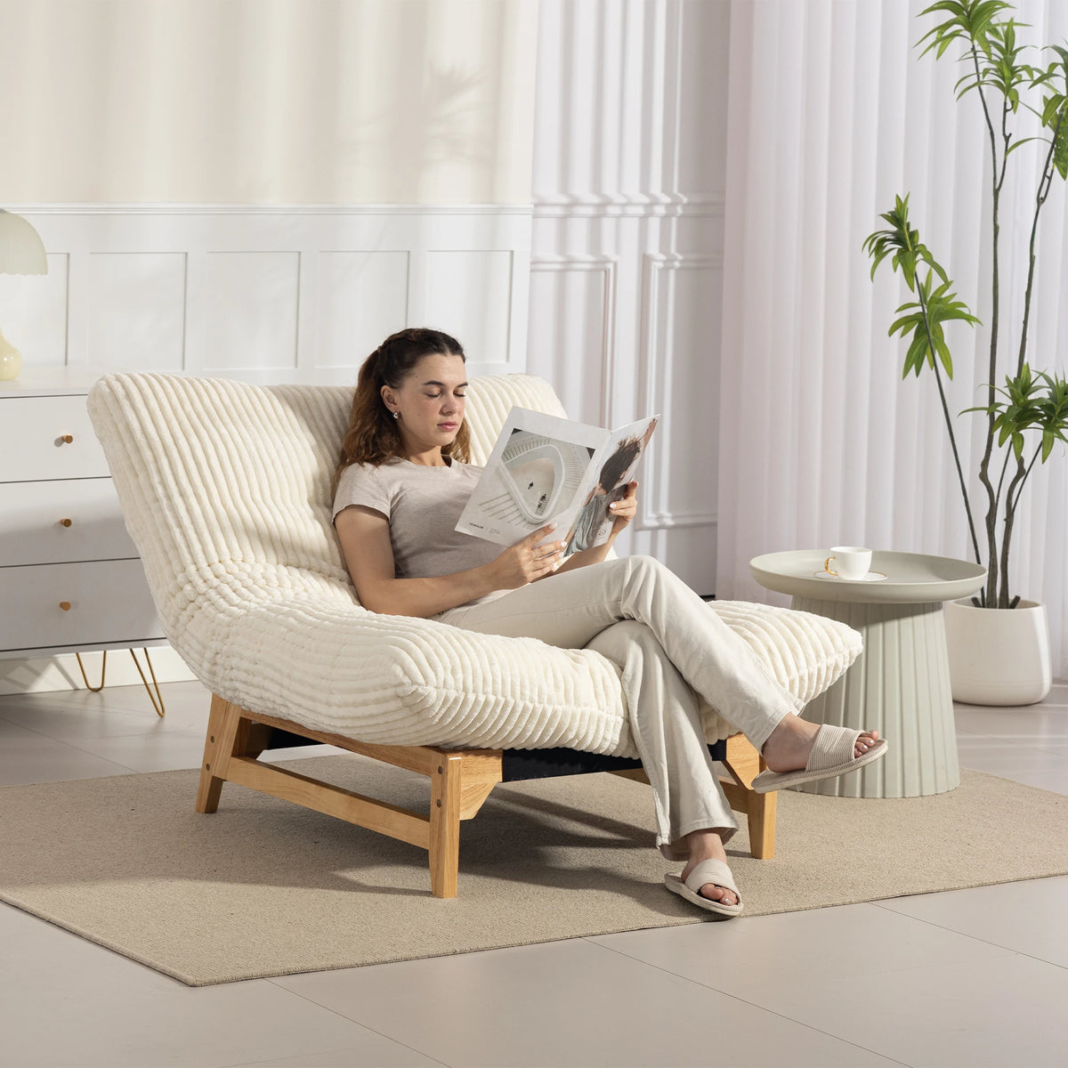 Bean Bag Chair with Solid Wood Frame – Corduroy Accent Lazy Sofa