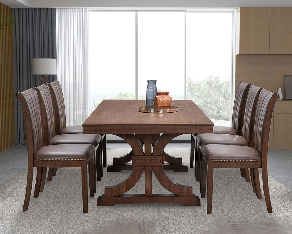 Mid Century Modern 7-Pc Dining Set: Faux Leather Chairs & Rubber Wood Table