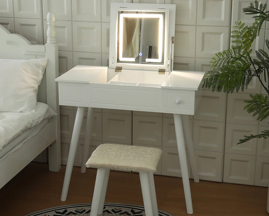 Vanity Desk Set with LED Mirror, Power Outlet & Storage
