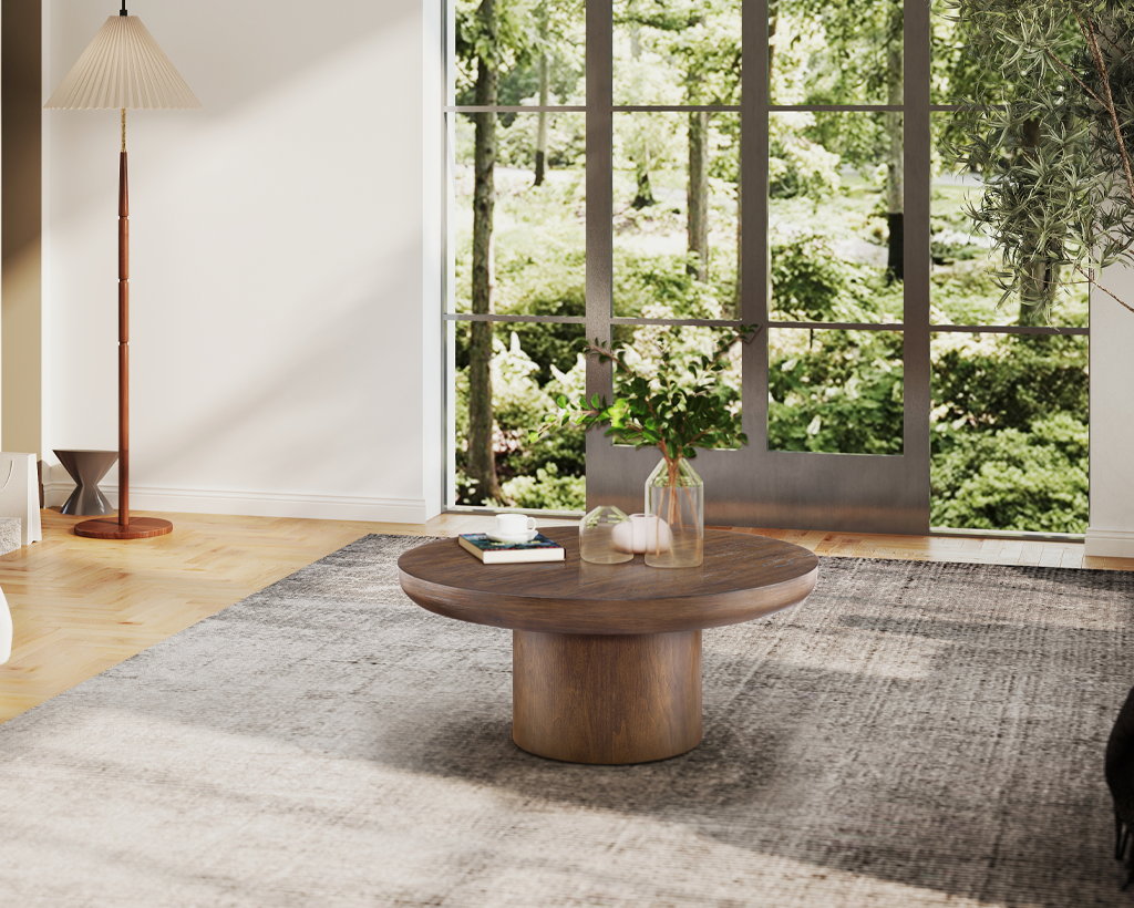 35.98'' Round Wood Veneer Coffee Table with Cylindrical Legs – Modern Side Table