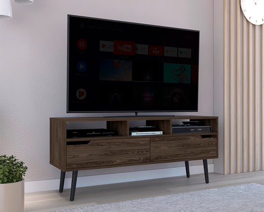 TV Stand for 52" TVs with 3 Open Shelves & 2 Drawers, Walnut Finish