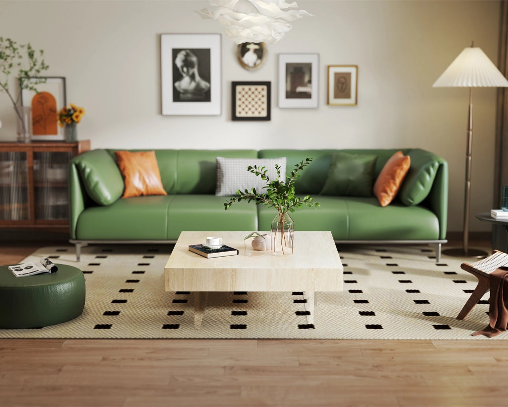 34.65'' Square Faux Travertine Coffee Table with Acrylic Legs, Modern MDF Design