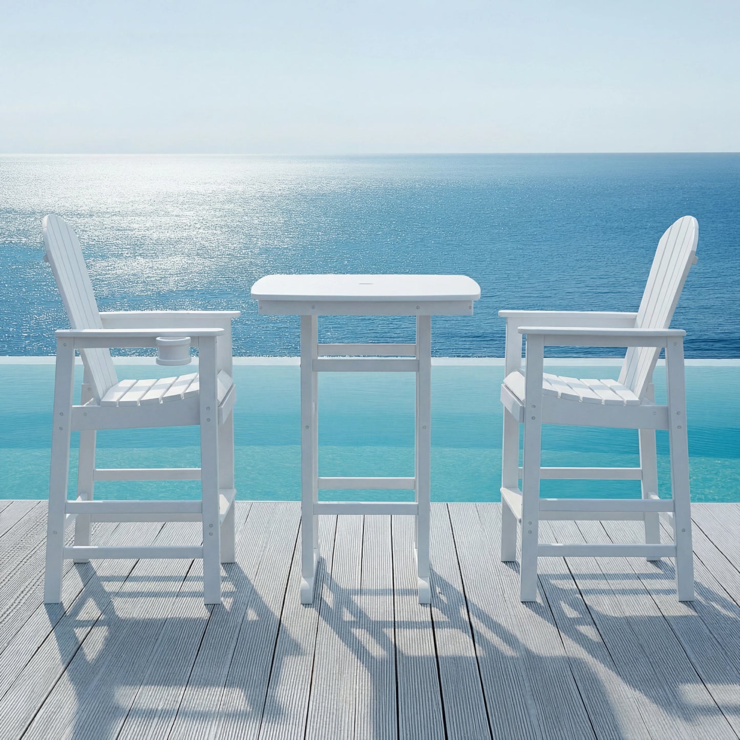 3-Piece HDPE Patio Set – High Table w/Umbrella Hole + 2 Stools