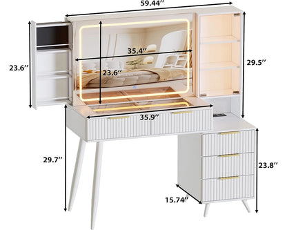 Makeup Vanity Desk with LED Mirror, Glass Top & Drawers - White