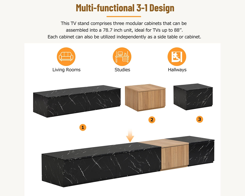 Modern TV Stand with Faux Marble & Walnut Finish for 88" TVs, 4-Drawer