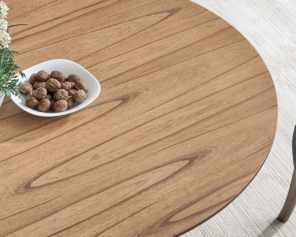 (1 Table with 4 Chairs)Wooden Dining Table Set, Modern Round MDF Kitchen Table and Boucle Upholstered Dining Chairs