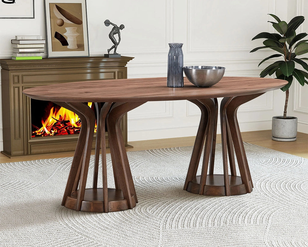 78.74" Ellipse Wooden Dining Table with Pedestal, Walnut/Black