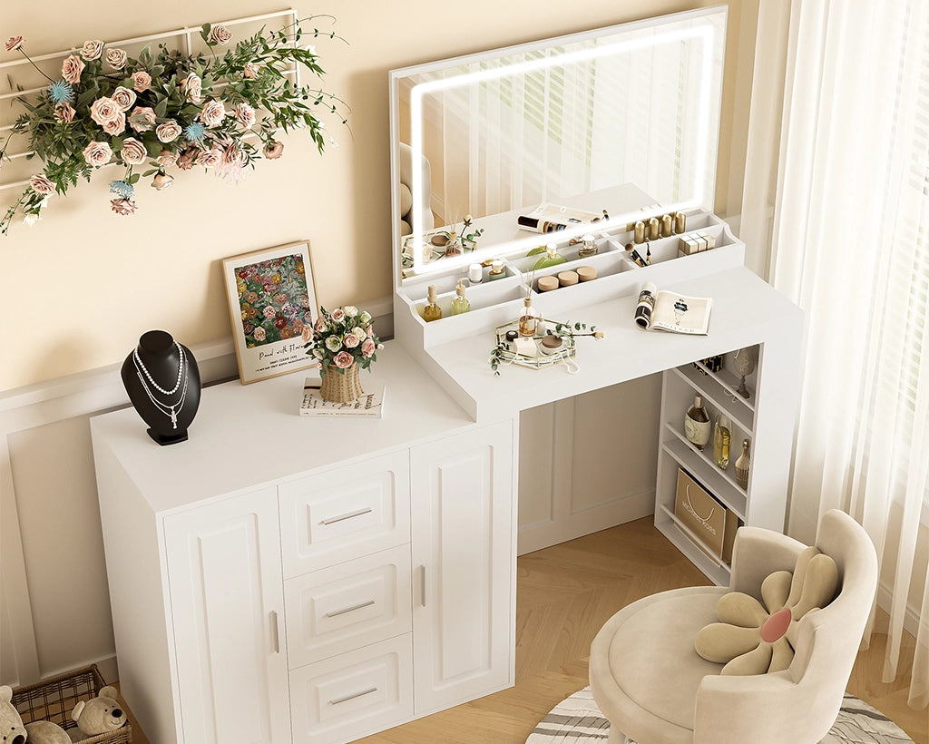 59" Lighted Mirror Vanity Desk with Drawers & Cabinets - White