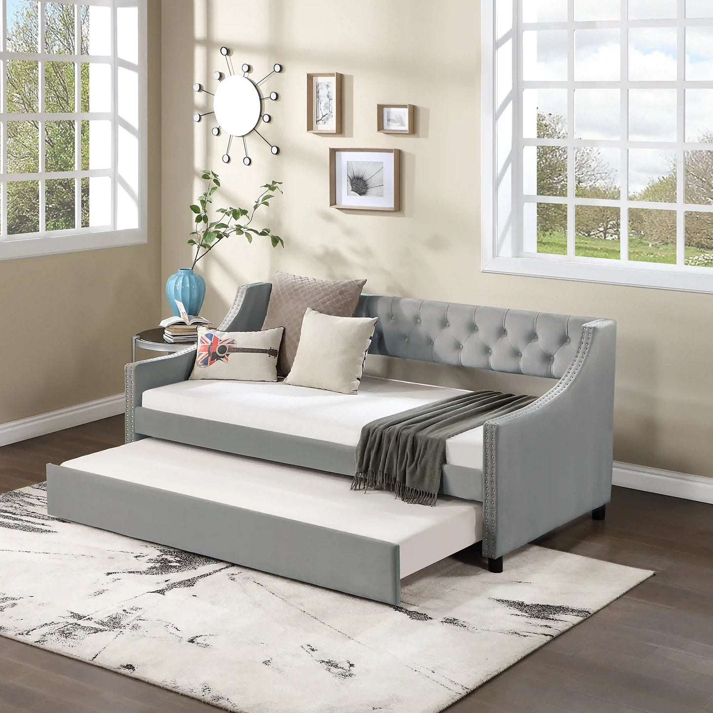 Daybed with Trundle Upholstered Tufted Sofa Bed, with Button and Copper Nail on Arms
