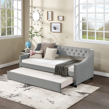 Daybed with Trundle Upholstered Tufted Sofa Bed, with Button and Copper Nail on Arms