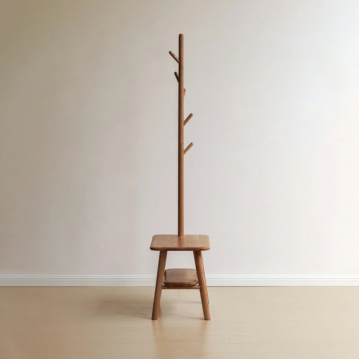 Solid Wood Shoe Stool with Cloth Hanger – Mid-Century Storage Bench