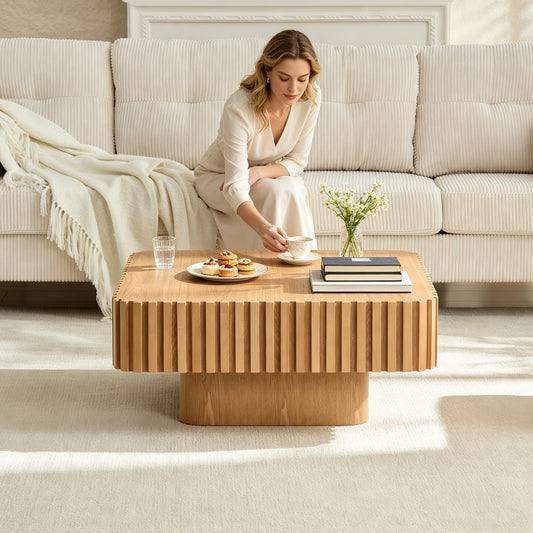 Upgraded Height 35.43" Drum Coffee Table - Square MDF Pedestal - Multi-Color