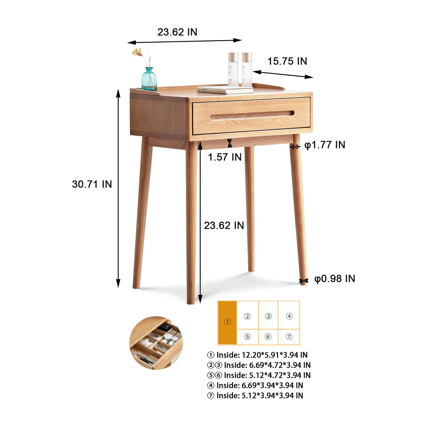 Solid Wood Dresser Bistro Table – 60cm Wide, Storage Drawer, Natural