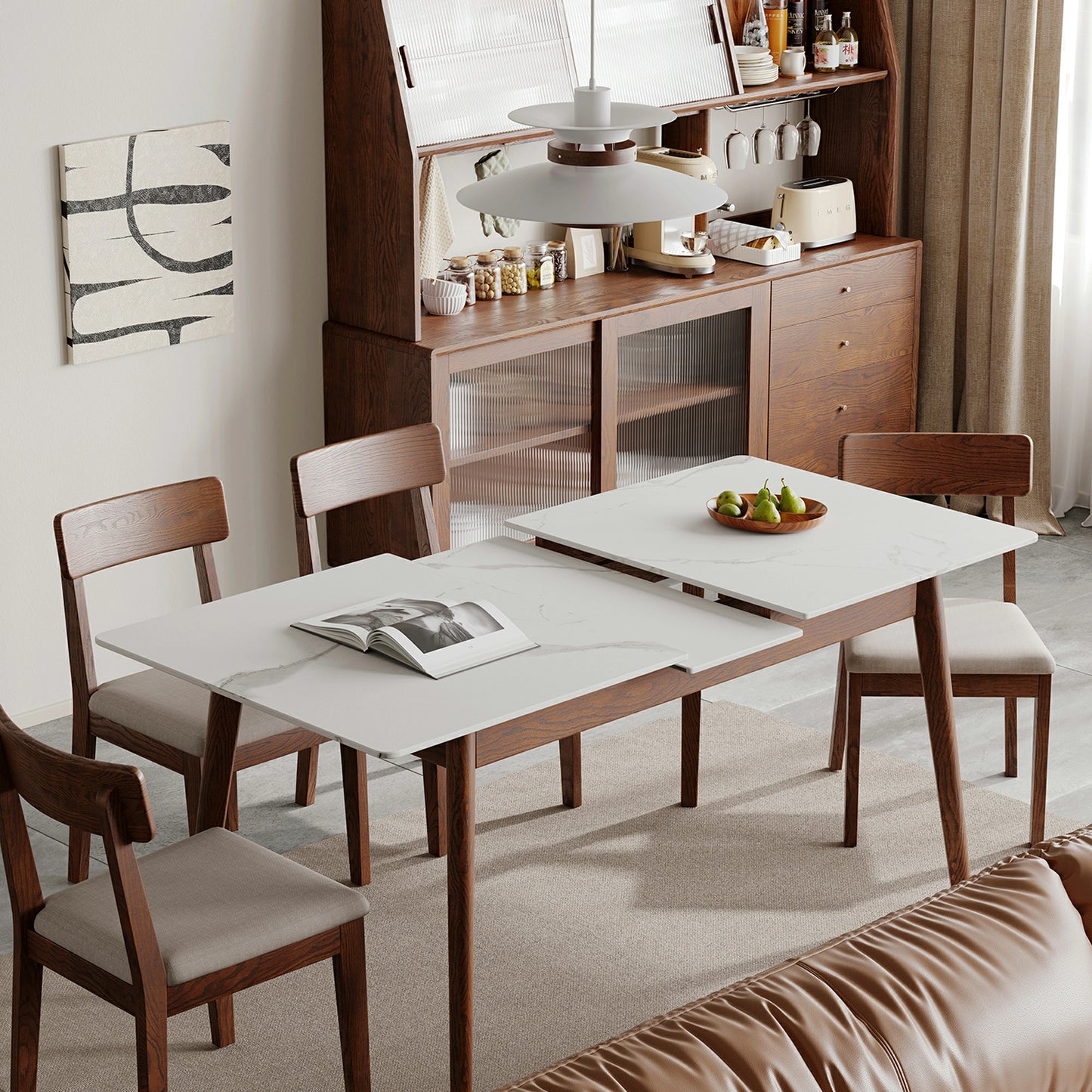 Extendable Round Dining Table – Solid Wood, Diagonal Legs