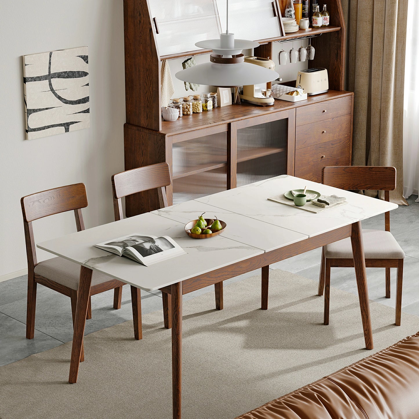 Extendable Round Dining Table – Solid Wood, Diagonal Legs