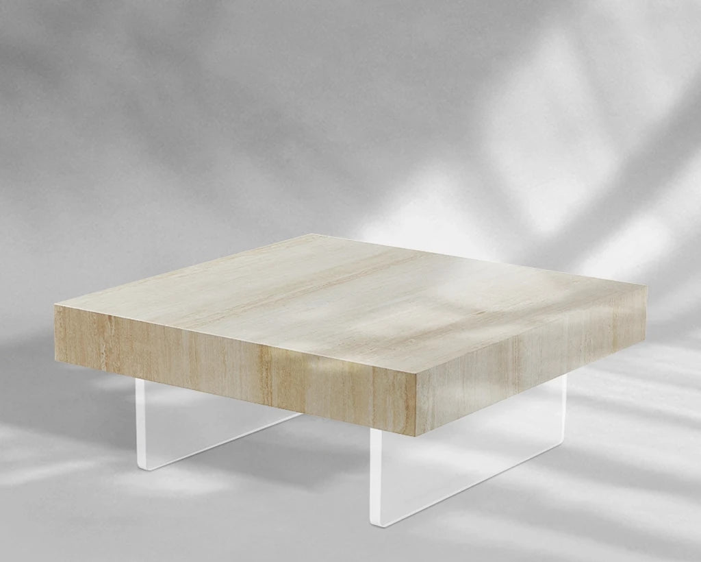 34.65'' Square Faux Travertine Coffee Table with Acrylic Legs, Modern MDF Design
