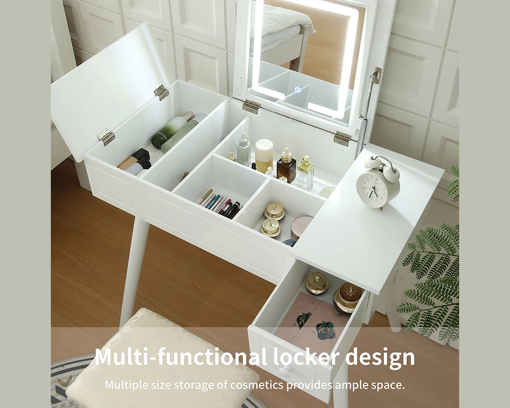 Vanity Desk Set with LED Mirror, Power Outlet & Storage