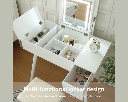 Vanity Desk Set with LED Mirror, Power Outlet & Storage