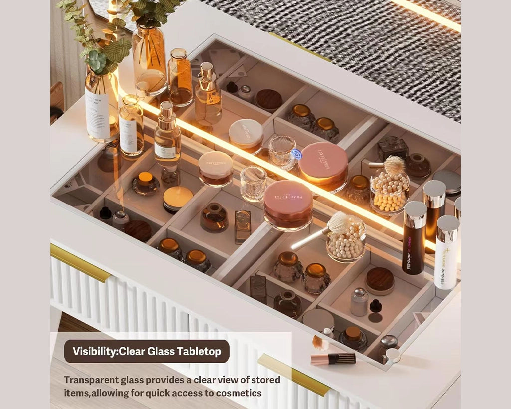 Makeup Vanity Desk with LED Mirror, Glass Top & Drawers - White