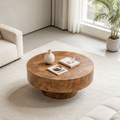 31.5" Round Wood Coffee Table with Burl Wood Veneer