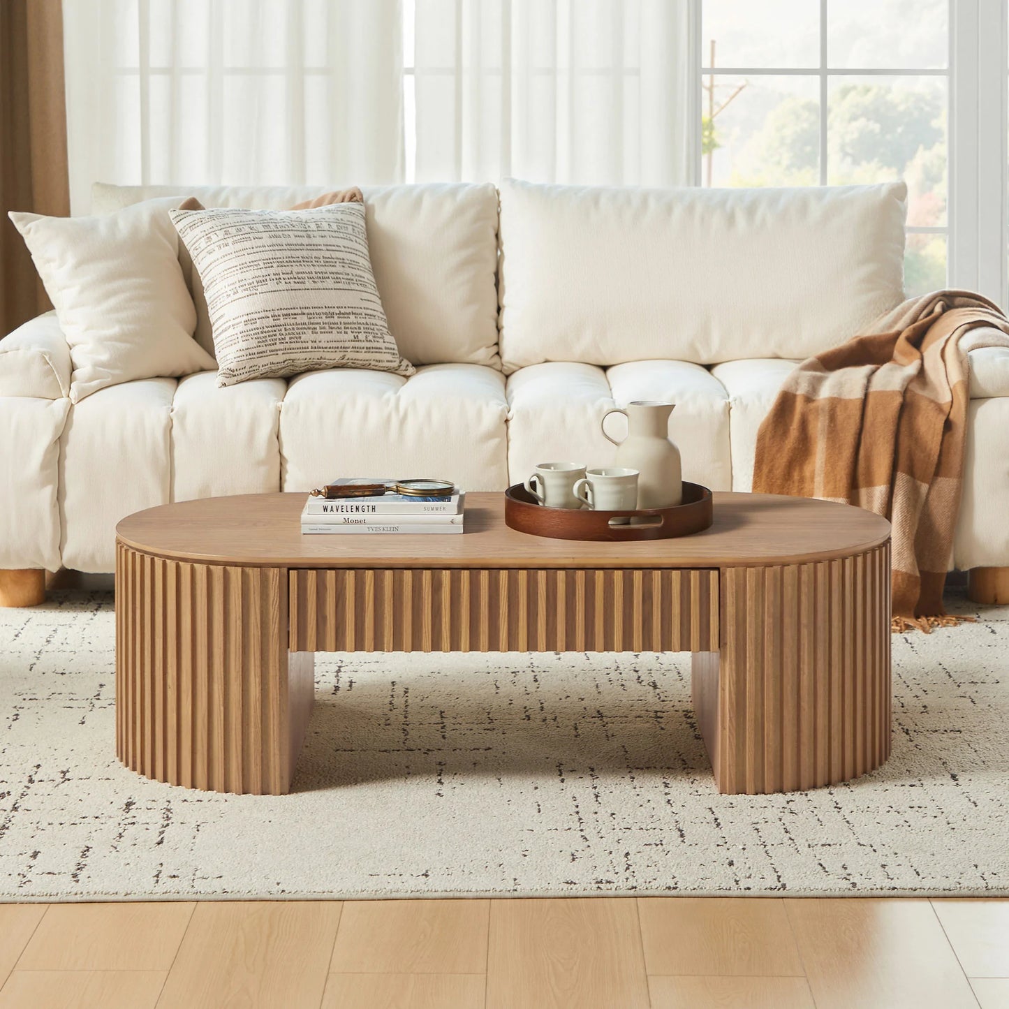 51.18" Oval Coffee Table with Drawer - Mid Century Modern - Black