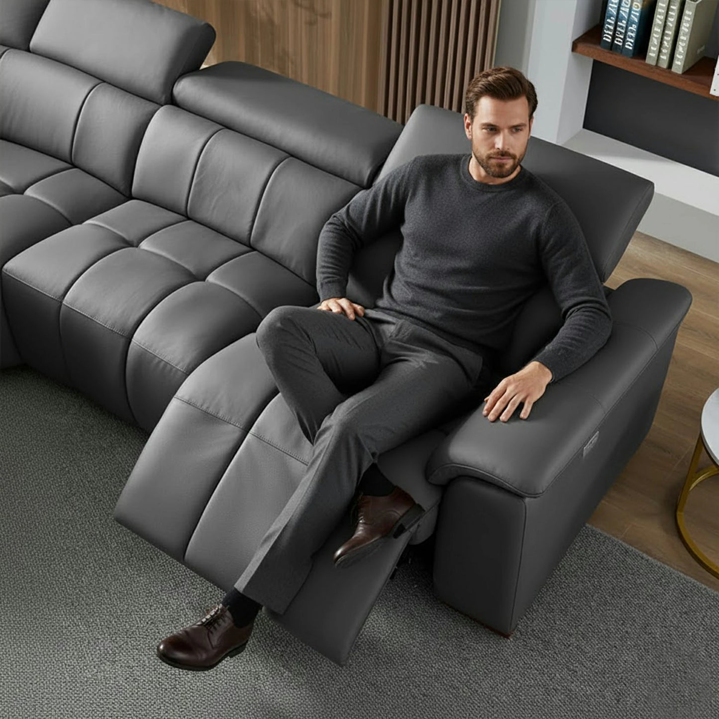 113" Electric Sofa Left-Facing L-Shaped Leather Recliner with USB Port