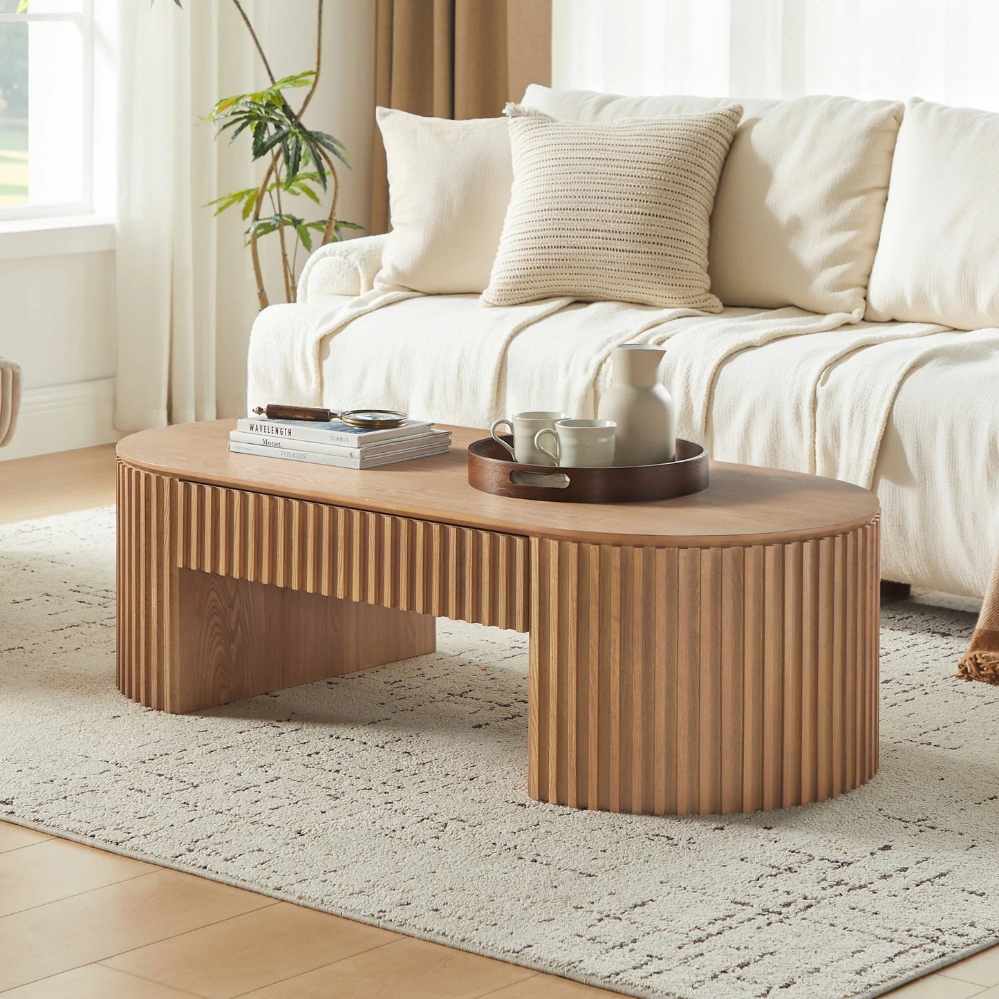 51.18" Oval Coffee Table with Drawer - Mid Century Modern - Black