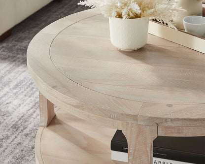 40-Inch Curved 2-Tier Round Wooden Coffee Table with Wheels, Mid-Century Rustic Style