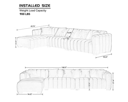 139'' Channel Tufted Sofa Velvet Upholstered Left Chaise Modular Sofa beige